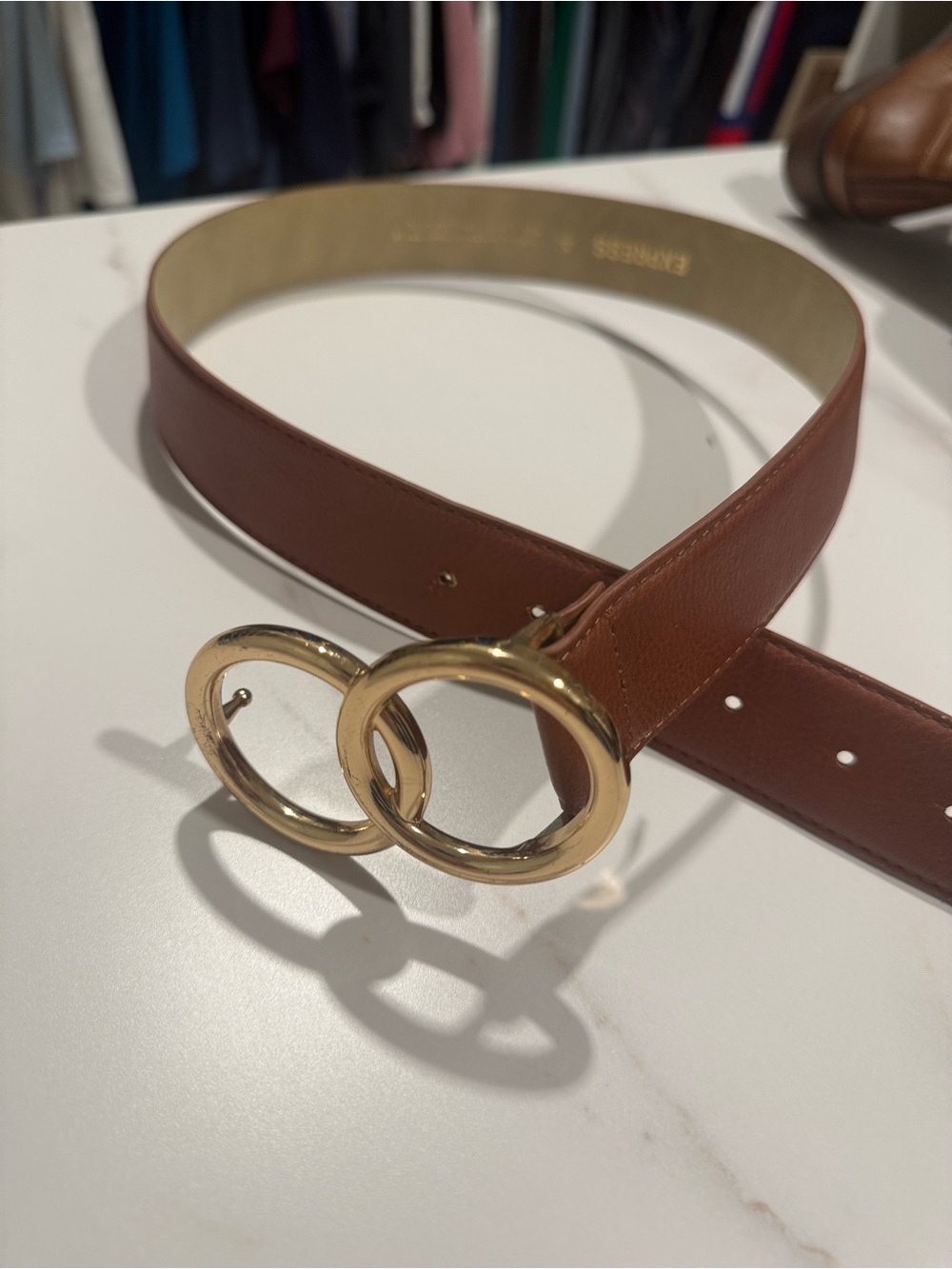 Express Women's Tan Leather Belt with Gold Double-Ring Buckle